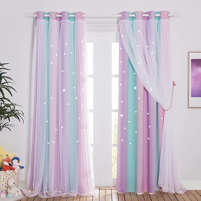 NICETOWN Baby Room Decor, White Gauze & Blackout Drapes Assembled, Star Cut Romantic and Colorful Curtains with Versatile Styling Options for Birthday Party (Blue & Purple & Pink, Each is W52 x L84)