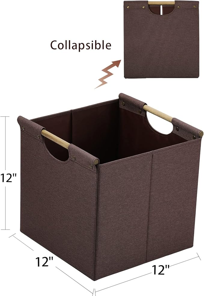 HOONEX Collapsible Storage Bins, 12x12x12in Storage Cubes Linen Fabric, Pack of 3, Storage Baskets with Wooden Carry Handles and Sturdy Heavy Cardboard, for Home, Office, Car, Nursery, Brown
