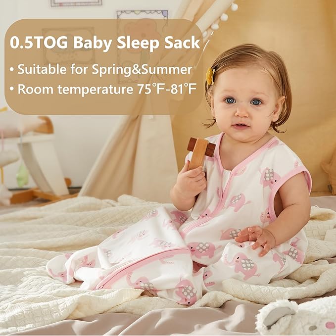 TILLYOU 2 Pack Baby Sleep Sack 18-24 Months 100% Cotton Wearable Blanket 0.5 TOG Sleeveless Summer Sleep Sacks with 2-Way Zipper, Pink Elephant