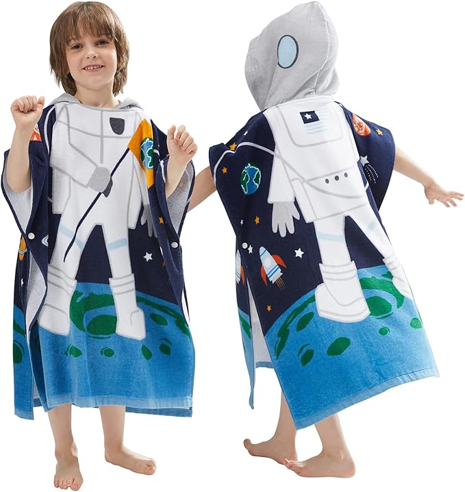 BANGSAUR Kids Hooded Towel Bath Beach Soft Cotton Towels Boys Absorbent Pool Wrap with Hood Baby Toddler Poncho Robe(Astronaut,3-4Years/Height:33"-43")