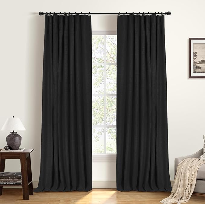 INOVADAY 100% Blackout Curtains for Bedroom, Black Out Curtains 108 Inch Long, Clip Rings Linen Blackout Drapes, Thermal Insulated Room Darkening for Living Room, 2 Panels - Black,W50xL108