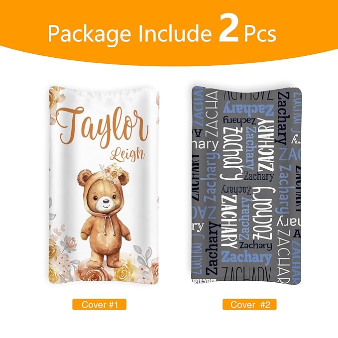 Custom Changing Pad Cover Set - Jersey Knit Ultra Soft Unisex Waterproof Diaper Changing Table Covers with Personalized Name for Baby Boys Girls - Comfy Cozy 2 Pcs Set Style13