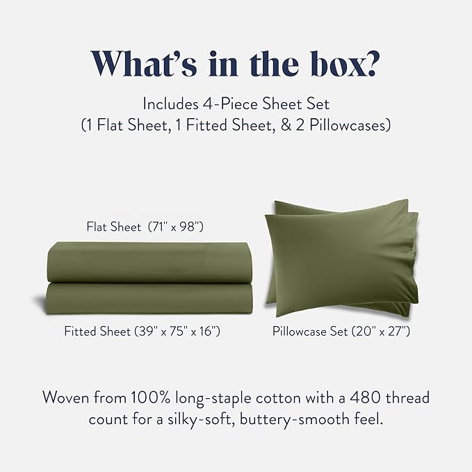 Brooklinen Luxury Sateen 4 Piece Sheet Set - 100% Cotton Bed Sheets, Soft & Durable Twin Sheet Set in Fresh Moss, Oeko-TEX Certified Bedding Set, 1 Fitted Sheet, 1 Flat Sheet, 2 Pillowcases