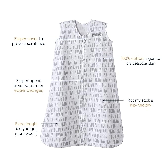 HALO SleepSack, 100% Cotton Wearable Blanket, Swaddle Transition Sleeping Bag, TOG 0.5, Squares and Triangles, Grey, Large, 12-18 Months