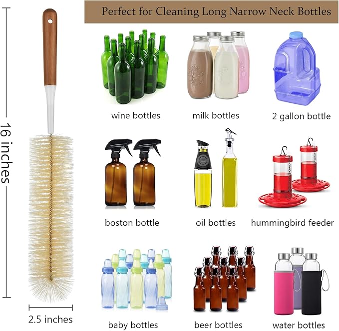 ALINK 5-Pack Bottle Brush Cleaner - Extra Long Bamboo Handle Water Bottle Straw Cleaning Brush for Washing Narrow Neck Beer Wine Decanter, Sports Bottle, Thermos, Flask, Jug