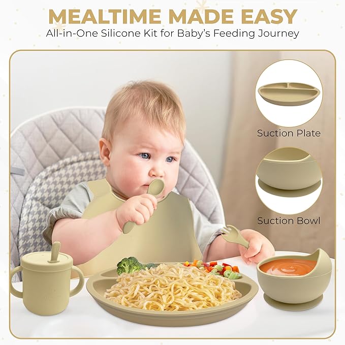 SprocketSprouts 12-Piece Silicone Baby Feeding Set – Suction Bowl, Divided Plate, Bib, Utensils & More – BPA-Free Toddler Mealtime Essentials for Self-Feeding & Baby-Led Weaning