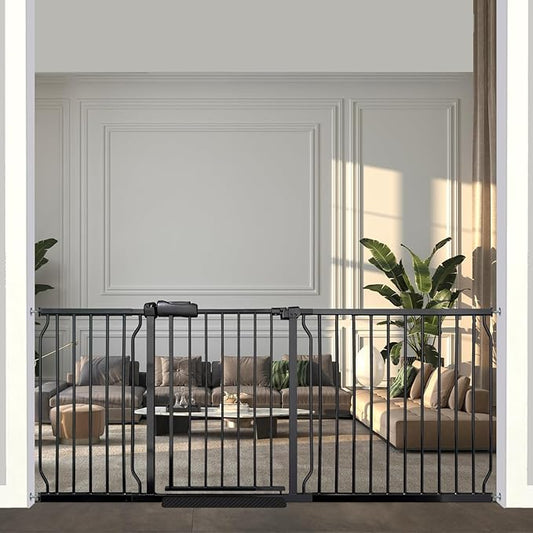 71.5-76.3 Inch Extra Wide Baby Gate, Heavy-Duty Metal Safety Gate for Stairs & Hallways, Black Pressure Mounted with Extension Kit