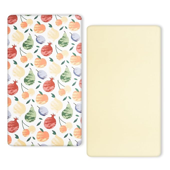 TILLYOU Baby Crib Sheets for Boys Girls, Super Soft Toddler Bed Sheets, 2 Pack Sheets for Standard Crib Mattress 28x52in, Fruit Shadow
