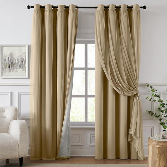 100% Blackout Curtains for Bedroom, Double Layer Khaki Curtains, Black Out Curtain 96 inch Long with Sheer Overlay for Living Room, Room Darkening Window Drapes with Grommet, 52" W x 96" L