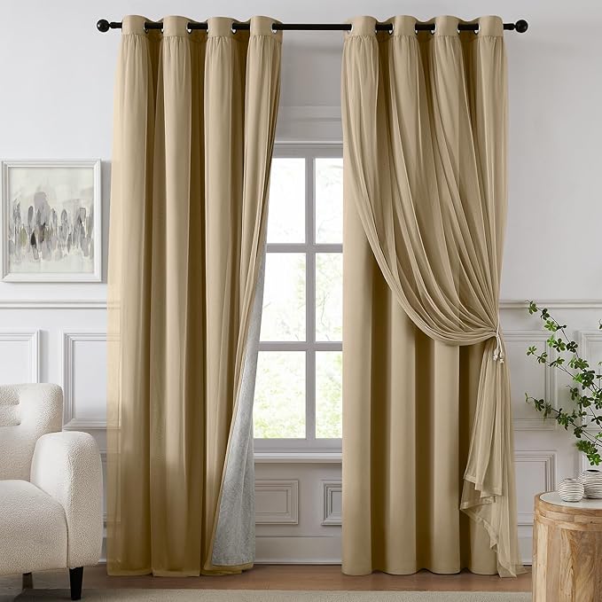 100% Blackout Curtains for Bedroom, Double Layer Khaki Curtains, Black Out Curtain 63 inch Long with Sheer Overlay for Living Room, Room Darkening Window Drapes with Grommet, 52" W x 63" L