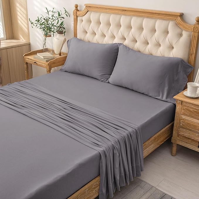 PURE ERA Jersey Knit 4pc Bed Sheet Set 100% T-Shirt Cotton Super Soft Comfy Breathable Fits Mattress Up to 20" Extra Deep Pocket (Solid Grey Purple, Queen)