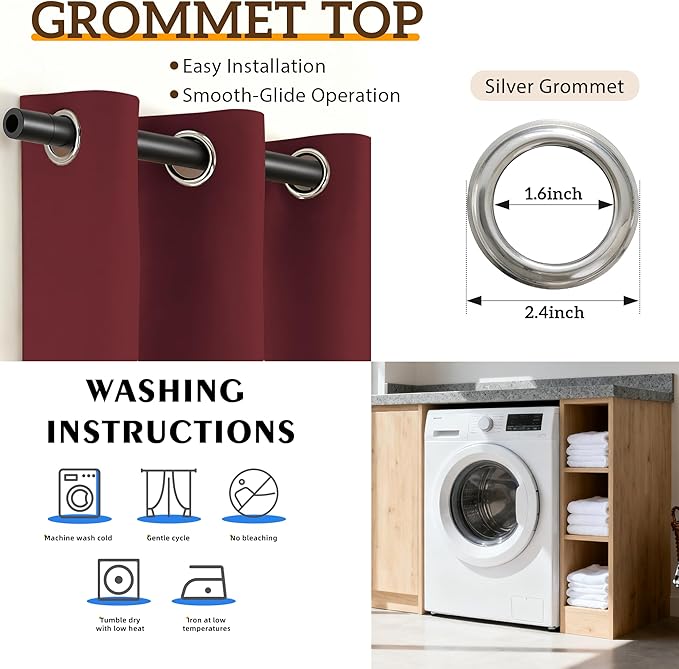 100% Blackout Curtains 54 Inch Length for Bedroom Living Room, Grommet Thermal Insulated Room Darkening Drapes, Light Blocking Window Treatment Decor, 2 Panels, 54x54, Burgundy Red