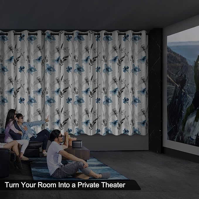 Watercolor Blue Floral Blackout Curtains for Bedroom and Living Room, Grommet Light Filtering Black Out Window Curtains 63 Inch Long 2 Panel Sets, Room Darkening Thermal Curtains for Winter Insulated