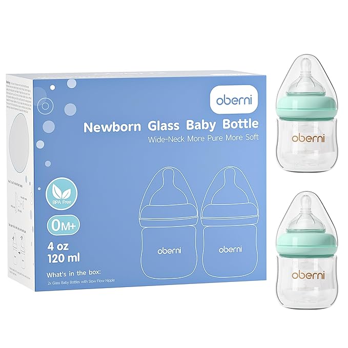 Oberni Glass Baby Bottles,Anti Colic Breastfeeding Bottle with Natural Response Nipple Size S,Wide Neck Slow Flow Baby Bottle for Baby,Newborn,Preemie 0-3 0-6 Month,BPA Free (Blue, 2 Pack, 4 Ounce)