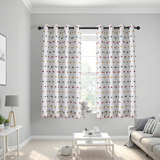 MEETSKY Kids Blackout Curtains for Girls Bedroom 63 Inches Long Rainbow Yellow Red Green Pom Pom Curtains for Nursery 2 Panels Small Window Curtains with 2 Layered Room Darkening Grommet,52 x 63 Inch