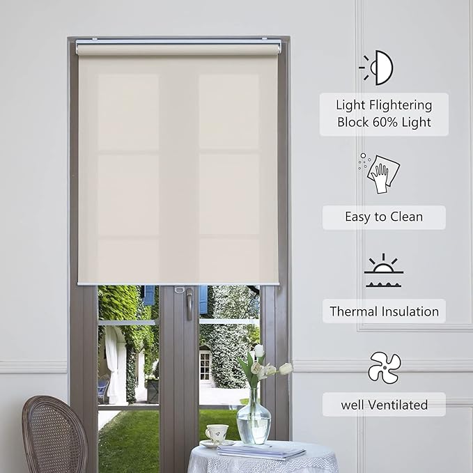 AOSKY Cordless Roller Shades for Windows Light Filtering Shades with 5% Openness Solar Screen Semi Sheer Roller Blinds UV Protection for Office and Home. Easy to Install 33" W x 72" H (Beige)
