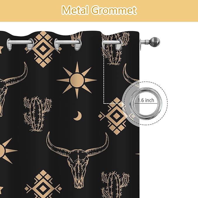 Western Cow Skull Curtains, Black Gold West Aztec Blackout Curtains Room Darkening Grommets Western Drapes, Window Curtains for Living Room Bedroom Decor 2 Panels 52x84 Inch