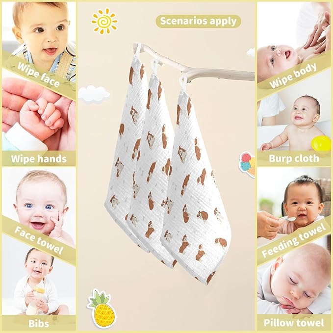 vvfelixl Baby Cotton Washcloths English Bulldog Infants Bath Towel for Unisex Puppy Face Towels for Newborn, Natural Baby Wipes Delicate Skin, 11.8 X 11.8 inch, one sizex3