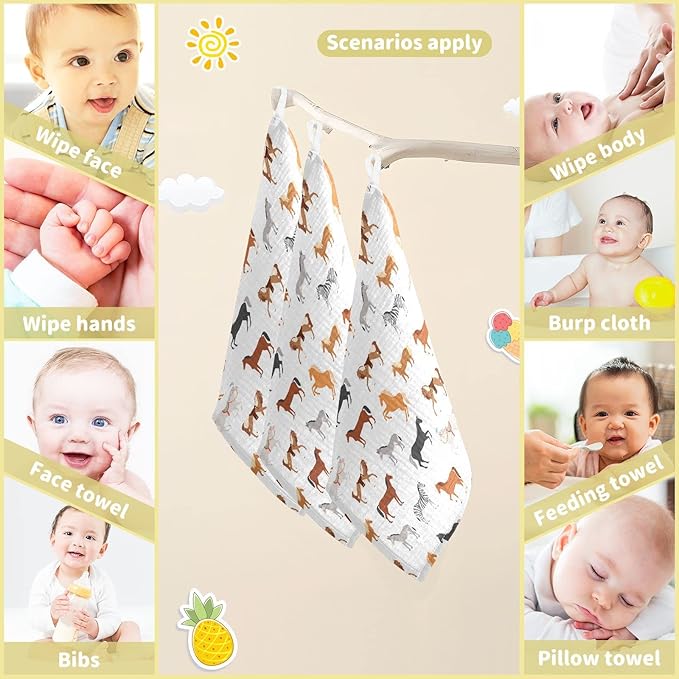 Vvfelixl Baby Washcloths Cotton Animal Print Muslin Washcloths Soft Baby Face Towel for Newborn Infants, 11.8 X 11.8 Inch, 5 Pack