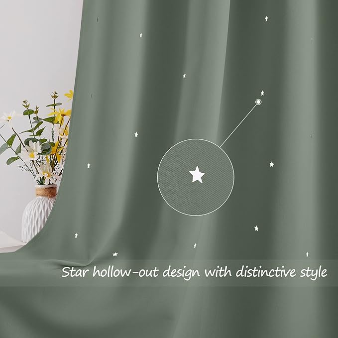 NICETOWN Twinkle Stars Curtains for Kids Room 2 Panels Set Romantic Room Decoration Grommet Blackout Curtains Drapes for Baby Nursery/Thanksgiving, 34 x 45 Inches, Sage Green