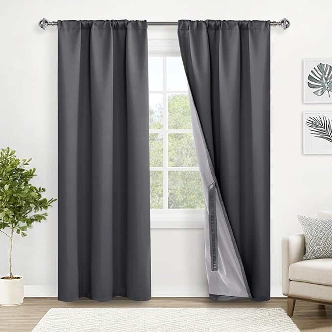 XWZO 100% Blackout Curtains 84 Inches Long - Heat and Full Light Blocking, Thermal Insulated Rod Pocket & Back Tab Window Panels with Tiebacks, Dark Grey, W42 x L84, Set of 2 Draperies