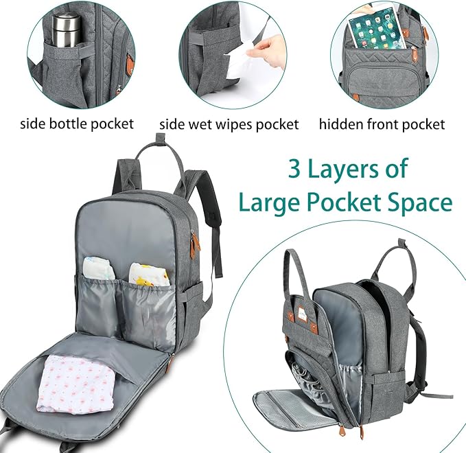 LANDICI Diaper Bag Backpack, Multifunction Baby Diaper Bags with Changing Pad, Stroller Straps & Pacifier Case, Travel Essentials Back Pack for Mom Dad Boy Girl, Large Capacity, Waterproof, Grey