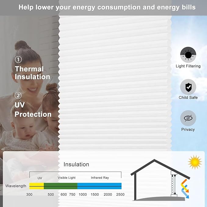 Changshade Cordless Cellular Shades Window Blinds for Indoor Windows, Light Filtering Heat Blocking Thermal Insulated 1.5 Inch Honeycomb Shade for Living Room, Bedroom, Bathroom, 33" Wx72 H, White