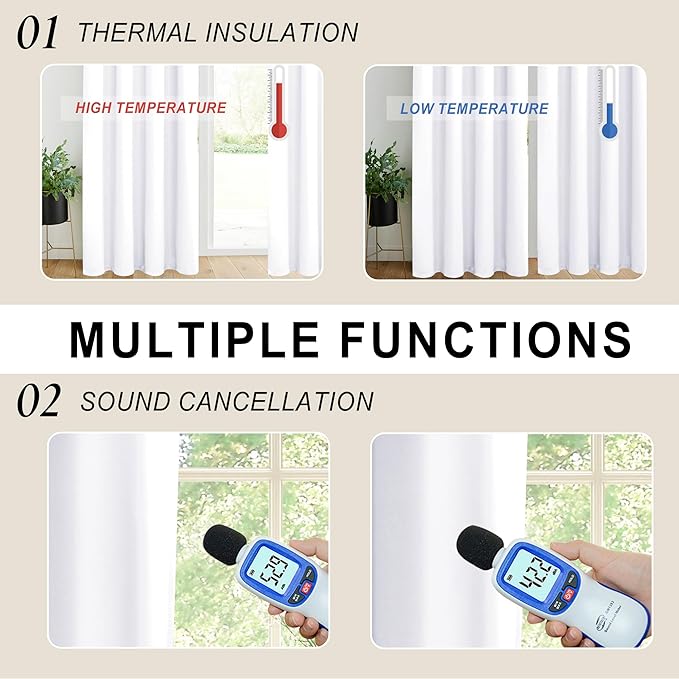 XWZO White 100% Blackout Curtains - Heat and Full Light Blocking Drapes with Black Liner for Bedroom/Laundry Room, Rod Pocket & Back Tab Window Panels with Tiebacks, White, W52 x L72, Set of 2