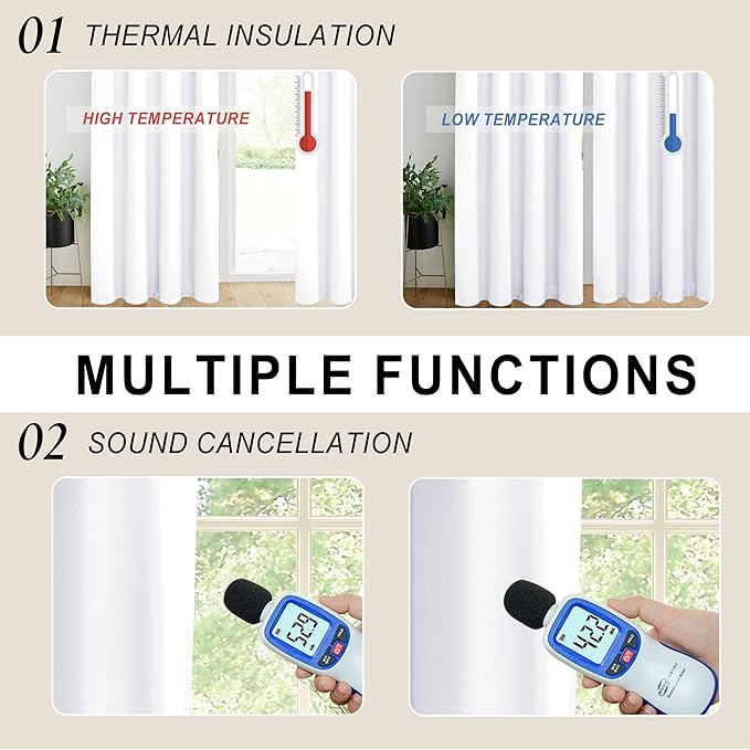 XWZO 100% Blackout Curtains 63 Inches Long - Rod Pocket & Back Tab Noise Reducing & Energy Efficiency Extra Wide Window Draperies with Black Liner for Bedroom/Living Room, White, W60 x L63, Set of 2