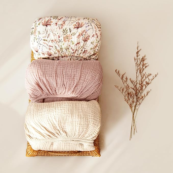 lulumoon Mini Crib Sheets 2-Pack: Soft Muslin Cotton Pack and Play Sheets for Playard Mattress - Boho Floral Print for Girls