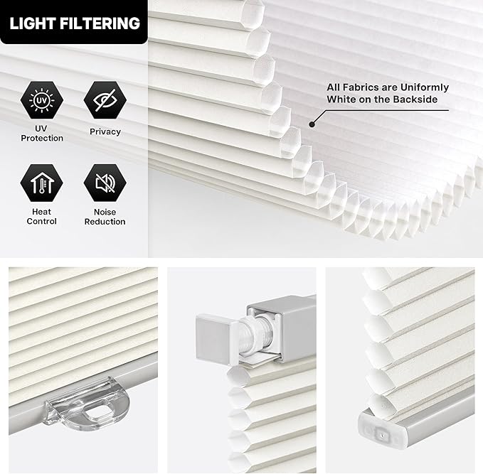 LazBlinds Cordless Cellular Shades, No Tools No Drill Light Filtering Honeycomb Shades Pleated Blinds for Windows, 32'' W x 64'' H, Dovy Grey