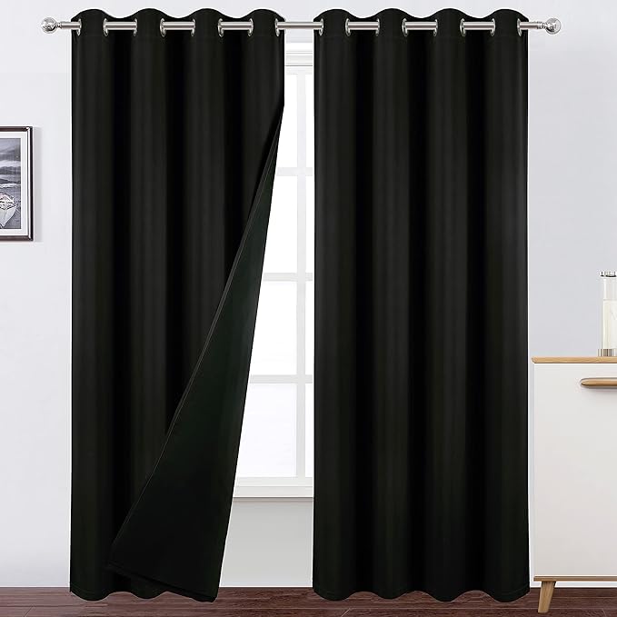 LEMOMO 100% Blackout Curtains 52 x 95 Inch/Black Curtains 2 Panels with Black Lining Room Darkening Thermal Insulated Bedroom Curtains