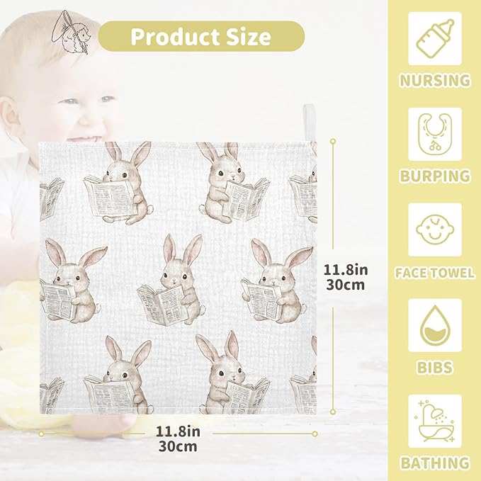 vvfelixl Baby Muslin Washcloths Bunny Reading Newspapers Baby Burp Cloths Cotton Babys Face Towel for Newborn Infants Boys Girls Soft and Absorbent 11.8 X 11.8 in, 3 Pack