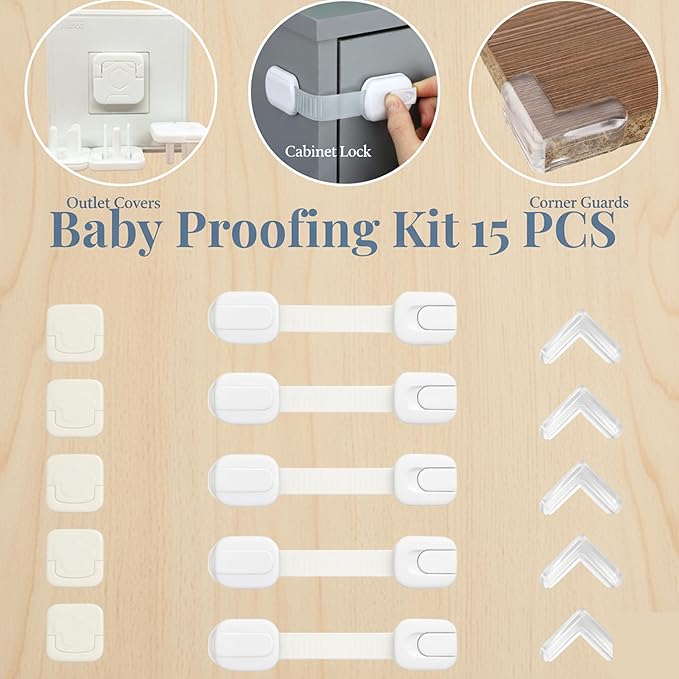 Baby Proofing Kit (15 Pack) – Complete Child Safety Set for Home Protection | Includes Cabinet Locks, Corner Guards & Outlet Covers | Easy No-Tool Install – Keep Your Baby Safe & Parents Stress-Free
