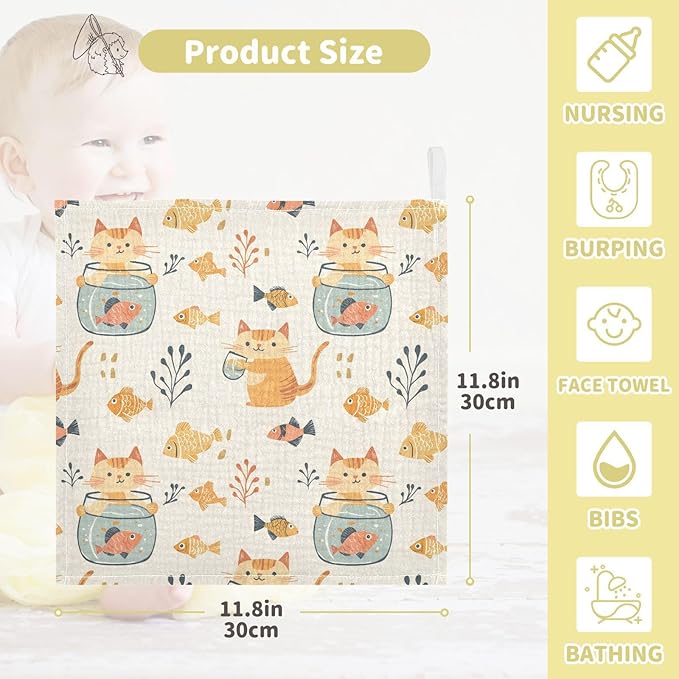 vvfelixl Cat Watch Fish Tank Baby Burp Cloths Baby Muslin Washcloths for Boys Girls Cotton Babys Face Towel for Newborn Infants Soft and Absorbent 11.8 X 11.8 in, 5 Pack