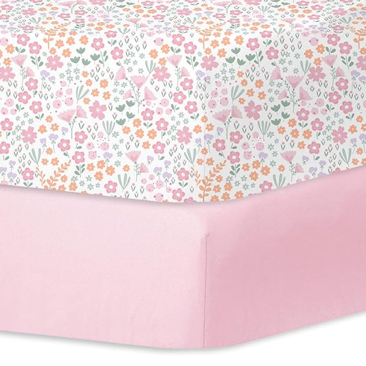 Little Grape Land Crib Sheets 2 Pack, Microfiber Fitted Crib Sheet for Standard Crib Mattress 52"x28"x8", Soft and Neutral Baby Crib Sheets for Boys and Girls, Breathable & Easy Care, Petal Meadow