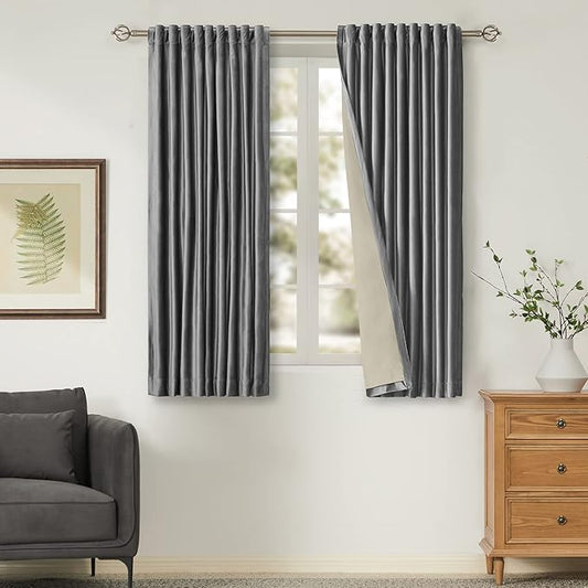 PRIMROSE 100% Blackout Grey Velvet Curtains Drapes 63 inch Long for Living Room,Set of 2 Panels Liner Rod Pocket Back Tab Thermal Window Curtains Room Darkening Heavy Decorative Curtains for Bedroom
