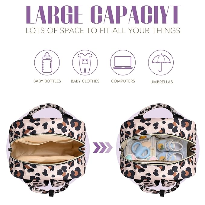 Tuwubi Diaper Bag Backpack, Baby Essentials Travel Tote Bag, Multi function Waterproof Backpacks, Travel Essentials with Stroller Straps & Pacifier Case - Leopard Print