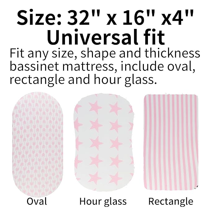 Onacosht Pink Bassinet Fitted Sheets 3 Pack for Baby Girl, Stretchy Soft Knitted Baby Sheet Set Universal for Oval Rectangle and Hourglass Bassinet Mattress, Arrow Star Stripe Printing