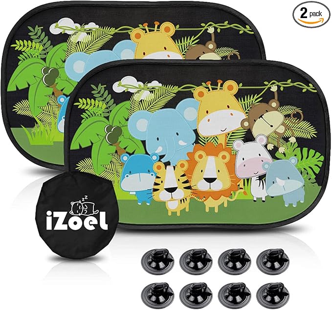MOVINPE Car Sun Shade for Baby Kids 2 Pack Static Cling Side Window Car 80GSM Rear Sunshades Universal with 8 Suction Cups and Storage Bag - Sun Glare and UV Rays Protection (Cute Animals)