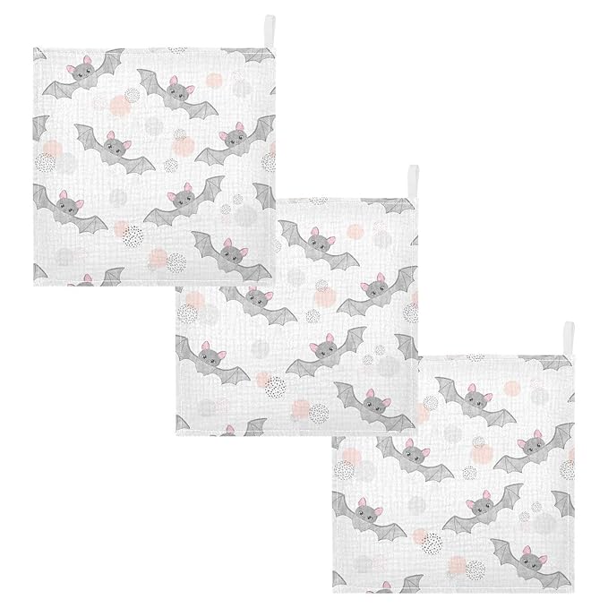 vvfelixl Baby Muslin Washcloths Cute Watercolor Flying Bats Baby Burp Cloths Cotton Baby Face Towel for Newborn Infants Boys Girls Soft and Absorbent 11.8 X 11.8 in, 3 Pack White