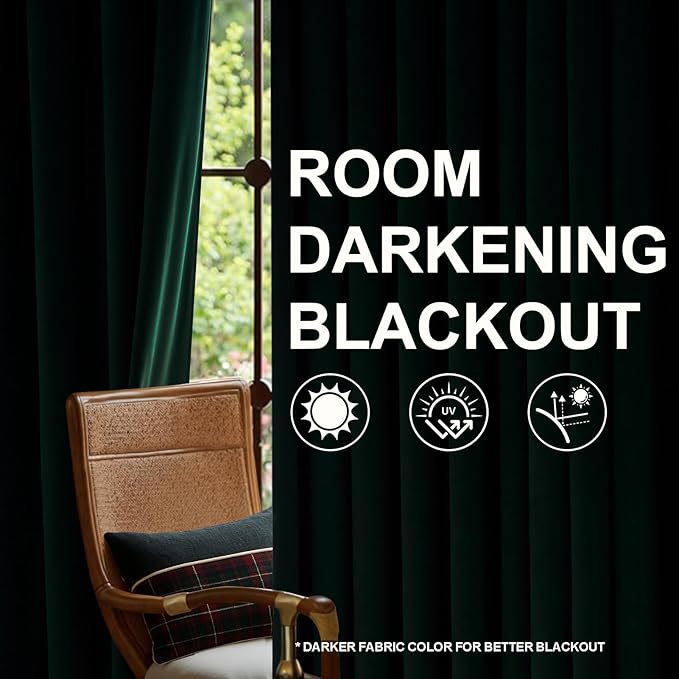 Topfinel Dark Green Velvet 84 Inches Curtains 2 Panels Modern Boho Luxury Room Darkening Thermal Insulated Grommet Drapes for Living Room Bedroom Christmas Green Winter Season Holiday Decor W52 x L84