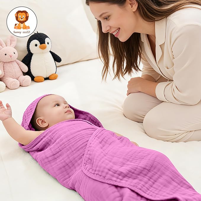 Sunny zzzZZ Muslin Hooded Baby Bath Towels - 3 Pack 100% Cotton Soft Low-Saturation Pastel Towels Including Classic White for Newborns, Infants, Toddlers - 32x32 Inch - Deep Sakura and White