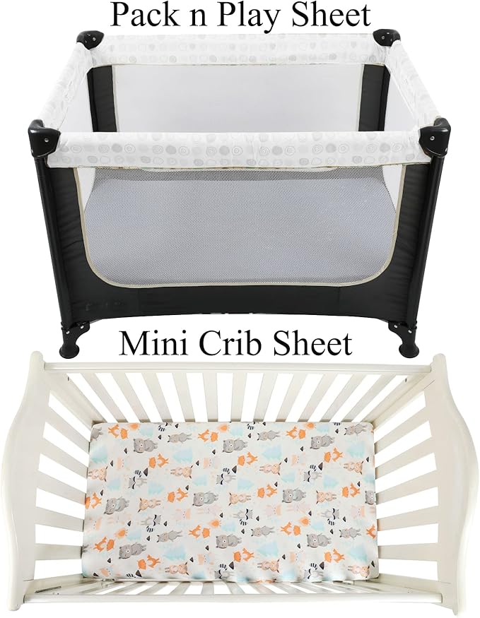Pack n Play Sheet Stretchy Fitted Portable Mini Crib Sheets Set 3 Pack,Playard Sheets Convertible Playard Mattress Cover,Ultra Soft Jersey Material,Elephant Tiger,Fox & Grey