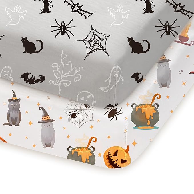 Halloween Pack and Play Sheets Fitted, Mini Crib Sheets 2-Pack for Pack N Play Mattress, Pink, Pumpkin, Black Cat
