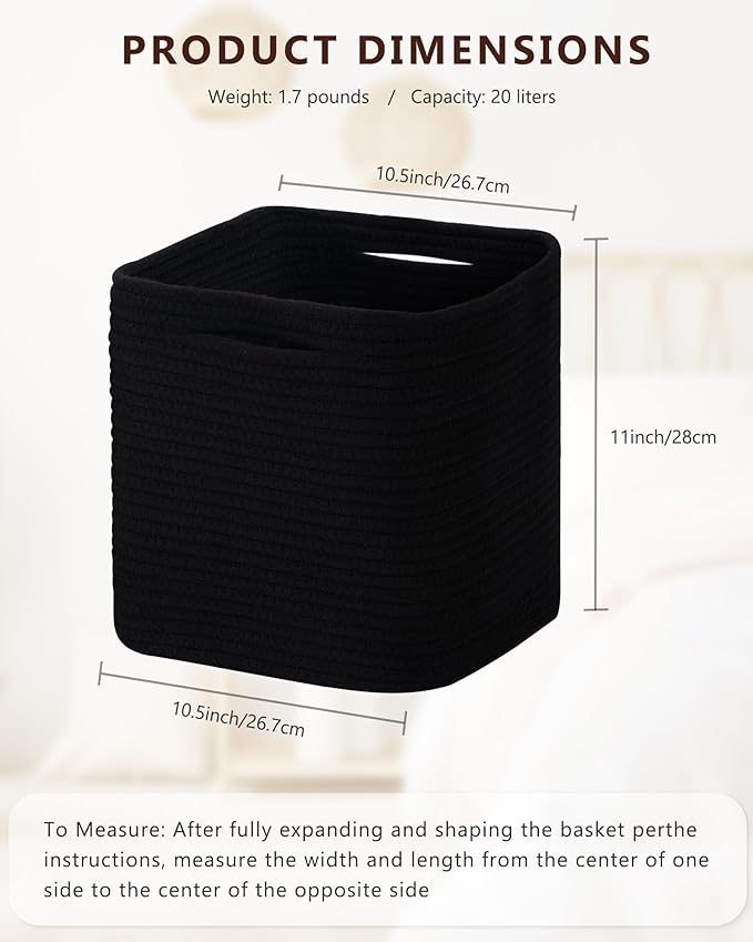 Cube Storage Bin 11" x 10.5" x 10.5" Cotton Rope Basket Square Woven Storage Basket for Shelves, Closet Organizer, Soft Towel Sock Basket, Black, 2 Pack