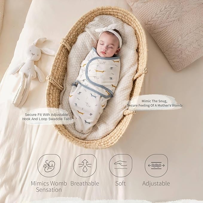 insular Baby Swaddle Wrap, Swaddle Blanket for Newborn and Infant, Adjustable Swaddling Set for Boy and Girl, Soft Cotton Baby Sleep Sack 3 Pack, Car&Dachshund, Medium(3-6 Month)