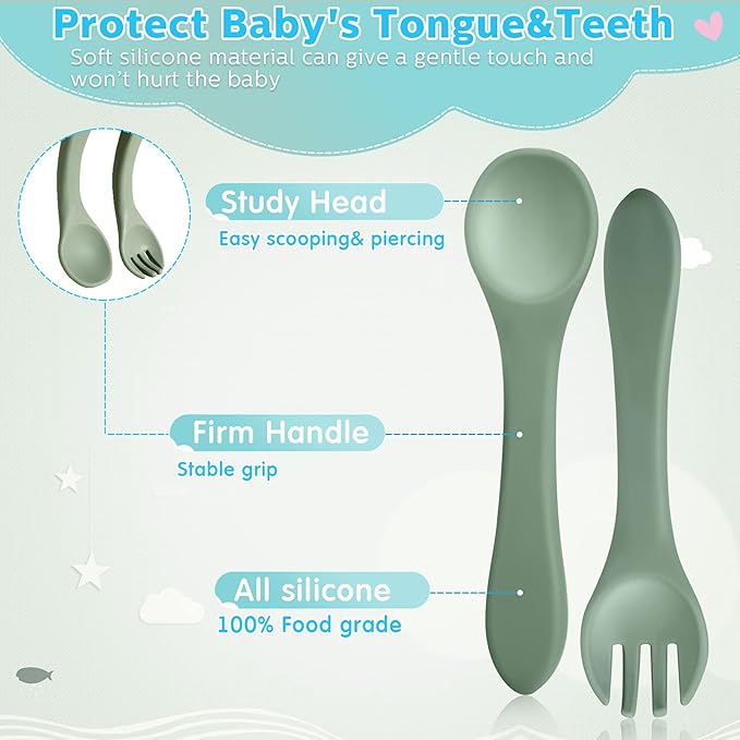 Nuenen 6 Pieces Silicone Baby Feeding Forks and Spoons Set Hot Safety First Stage Self Feeding Supplies Mini Kids Utensils for over 6 Months Babies Boy Girl Toddlers First Foods (Nature Color)