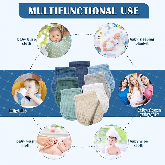 Frienda 8 Pack Muslin Burp Cloths for Baby Large 20 x 10 Inch Cotton Burp Rags for Spit up Drool Absorbent Soft Multicolor Wash Cloths Diapers for Newborn Girl Boy Essential Shower Gift(Cool Colors)