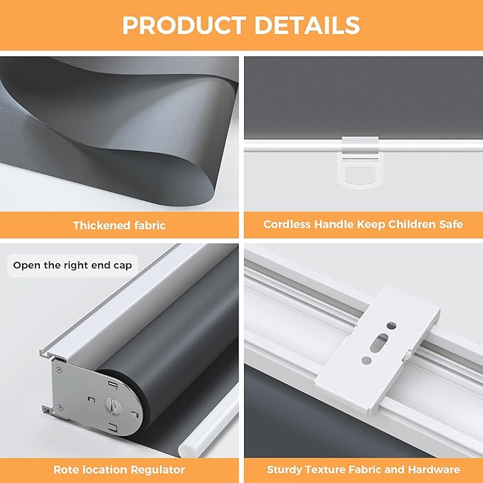 Cordless Roller Shades Blackout Blinds for Windows Room Darkening Rolled Up Shades with Spring System, UV Protection Window Shades Door Blinds for Home and Office (Grey, 70" W x 72" H)